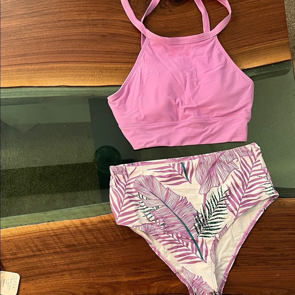 High-Neck Pink Tropical Print Bikini Set